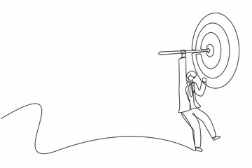 Single one line drawing businessman hanging arrow on target, business success concept. Businessman hanging on bow at center of target. Modern continuous line draw design graphic vector illustration