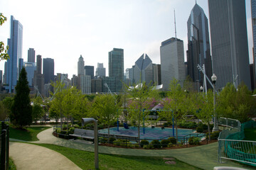 CHICAGO, ILLINOIS, UNITED STATES - 11 May 2018: Children's playground at Maggie Daley Park in downtown Chicago