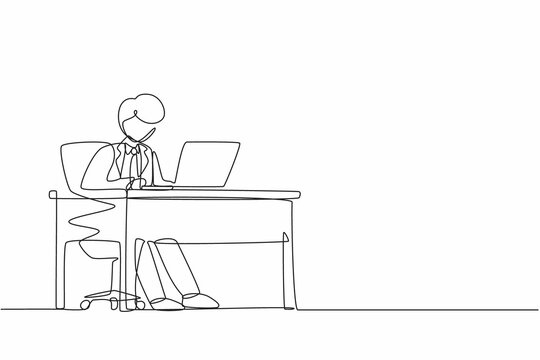 Single one line drawing male works in office. Businessman working, typing and sending messages. Work, table, computer. Workplace and communication concept. Continuous line draw design graphic vector