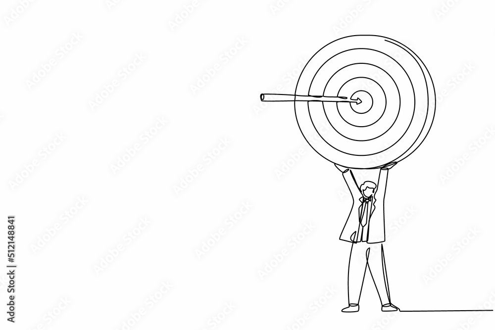 Poster single continuous line drawing businessman holding up big target with arrow. young smart male employ