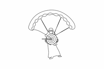 Continuous one line drawing Arabian businessman holding target with arrow in bullseye and jumping with parachute. Goal setting. Smart goal. Business target. Single line draw design vector illustration