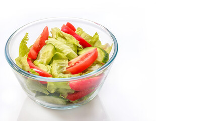 poster small glass bowl full of salad leaves, cucumbers, tomatoes, and red bell peppers on a white background, bright seasonal healthy dish, isolated summer mix of raw vegetables, space for text
