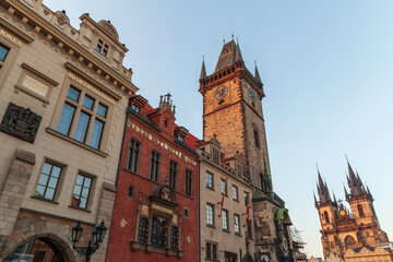 Fototapeta na wymiar Cityscape with the Old Town Hall on a sunny day, Prague,