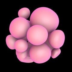 Abstract 3D render of bubbles of geometric shapes. Collision of balls. 
