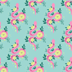 Floral snake seamplles pattern. Celestial snake background. Pink decorative serpent, star flower roses botanical print. Vector illustration. Spiritual snake print wallpaper, card. Wild reptile design.
