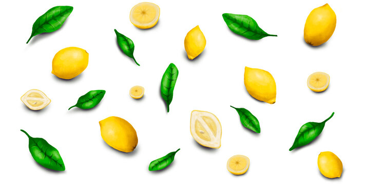 Summer image, leaves and yellow lemons, white background