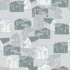Seamless pattern with small detached, single-family houses on gray background for surface design and other design projects