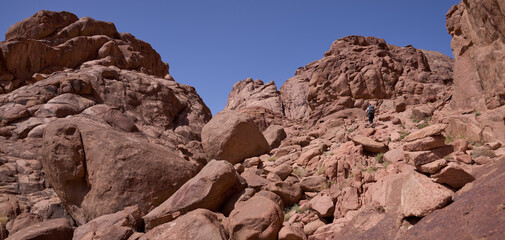 Female tourist on a hiking trail in a remote mountain region of Southern Sinai. Panoramic view over the trail on surrounding red mountains and rock formations.