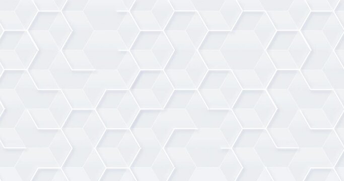 4k abstract white hexagonal animated pattern. Grey light background with honeycombs. Polygonal random neumorphism. Premium minimal business seamless looped animation. Modern clean square BG. 3d cubes