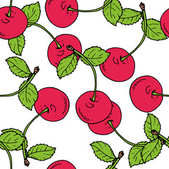 seamless pattern of red cherries with green leaves. Vector pattern of pink round cherry tree berries with leaves, drawn in sketch style, chaotically on white for a natural design template