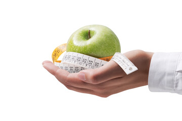 Nutritionist holding a tape measure and an apple