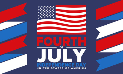 Fourth of July. Independence Day in United States of America. Happy national americans holiday, celebrated annual in July 4. American flag. Country freedom day. Patriotic event design. Vector poster