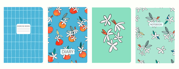 Fototapeta na wymiar Set of cover page templates with hand drawn tangerine, orange in bloom. Based on seamless patterns. Headers isolated and replaceable. Perfect for notebooks, notepads, diaries, etc
