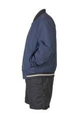 mens bomber jacket sports shorts isolated on white background. fashionable casual wear