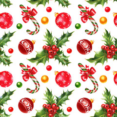 Watercolor Christmas illustration. Collection of Christmas décor. Seamless pattern