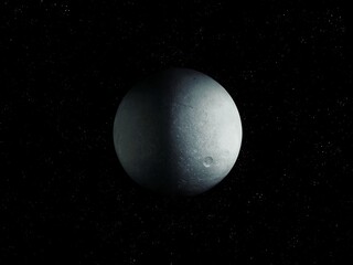 Planetary satellite covered with craters. Stone moon with a solid surface on a black background with stars. 