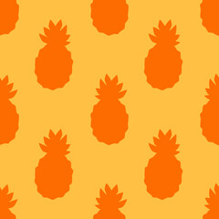 Orange Pineapple Tropical Seamless Pattern, in Flat Design Style. Hand Drawn Pineapple Fruits on Yellow Background, Simple Repeating Summer Design
