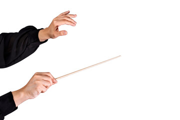 Female conductor conducting a symphony with her baton on a white background