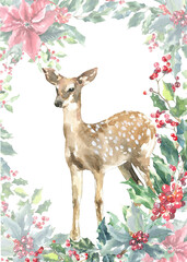 Watercolor Woodland deer, bird Merry Christmas card design iillustration,Cute Drawing Christmas decoration for greeting card, poster, invitation, baby shower Merry Christmas,New Year, holiday
