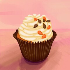 Cupcake with cream and chocolate sprinkles, bakery muffin food illustration, hand drawing sweet creamy cake on pink background