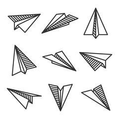 Various hand drawn paper planes. Black doodle airplanes. Aircraft icon, simple monochrome plane silhouettes. Outline, line art. Vector illustration.