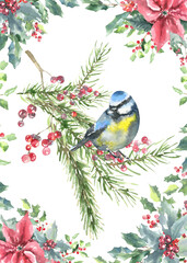 Watercolor Woodland bird plants Merry Christmas card design iillustration,Cute Drawing Christmas frame decoration for greeting card, poster, invitation, baby shower Merry Christmas,New Year, holiday