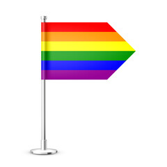 Realistic table flag on a chrome steel pole. Rainbow LGBT desk flag made of paper or fabric. Shiny metal stand. Mockup for promotion and advertising. Vector illustration