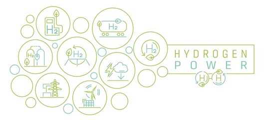 Green hydrogen energy production. Landscape poster background