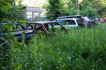 Dump of old disassembled cars in the forest.        