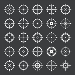 Crosshair, gun sight vector icons. Bullseye, target or aim symbol. Military rifle scope, shooting mark sign. Targeting, aiming for a shot. Archery, hunting and sports shooting. Game UI element.
