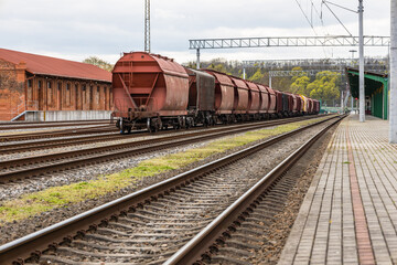 Fototapeta na wymiar Cargo train platform with the container. Railroad depot