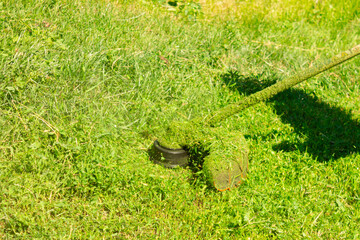 Petrol trimmer mows green grass. Photography with movement