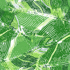 Abstract banana leaf seamless pattern. Engraving camouflage botanical background.