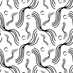 Black and white modern abstract seamless pattern for textile design. Seamless vector background with abstract ornaments. Retro bright summer background. Vintage exotic print.