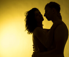 silhouette of a couple. Kiss. Couple in love. Lovely. Erotica. Shadow. Photo. Erotic.