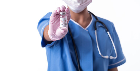 doctor holding a stethoscope. Doctor. Woman mask face. Vial. Pandemic