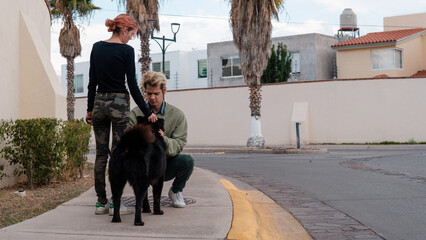 couple tenderly caressing their pet while walking with him in their neighborhood
