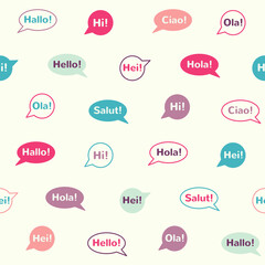 Word HELLO seamless repeat vector pattern. Tiny cute colorful speech bubbles, baloons with greetings hello, hi in different languages. International friendly communication flat design background