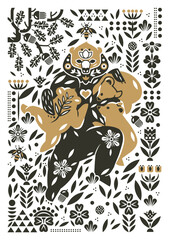 Fototapeta premium Mama Bear with three cubs wall art. Boho mystical poster about motherhood, parenthood. Hand drawn Scandinavian trendy geometric gold floral element Bohemian vintage like tattoo, engraving style