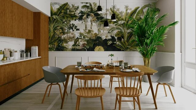 Scandinavian style interior apartment. Living room design with boho natural wooden furniture. 4K Professional 3d Animation.