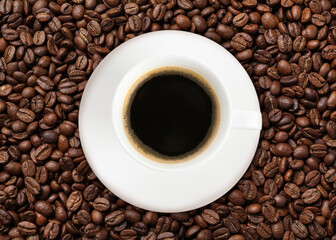 Cup of tasty espresso and roasted coffee beans, top view