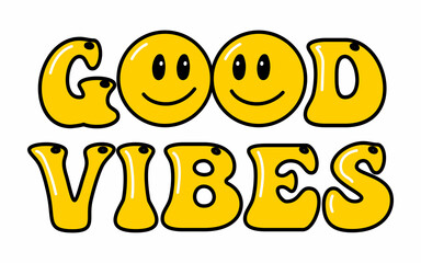 Melting smile vintage illustration. Retro psychedelic melt smile face logo. Dripping smile. Good mood. Positive emoji sticker. Vector groovy emoji face. Face symbol.