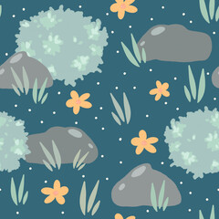 Plakat cute cartoon abstract fairy seamless pattern background illustration with colorful daisy flowers, bush, grass and fireflies