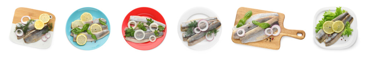 Set with delicious salted herring fillets on white background, top view. Banner design - obrazy, fototapety, plakaty