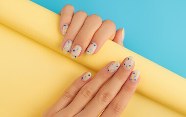 Womans hands with trendy polka dot summer manicure over blue background