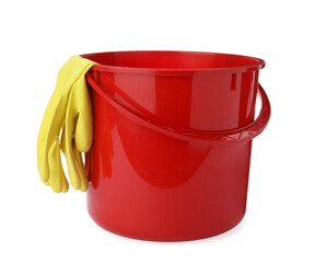 Red bucket with gloves for cleaning isolated on white - Powered by Adobe