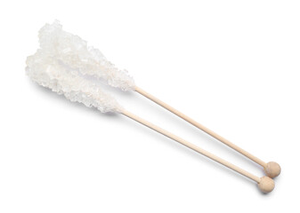 Wooden sticks with sugar crystals isolated on white, top view. Tasty rock candies