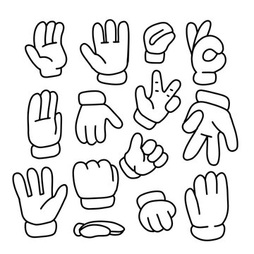 Hand drawn set of Cartoon hands in different gestures. Linear Hands in white gloves. Element for your design. Vector outline illustration.