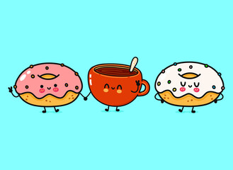 Cute, funny happy cup of coffee and donuts character. Vector hand drawn cartoon kawaii characters, illustration icon. Funny cartoon cup of coffee and donuts friends concept