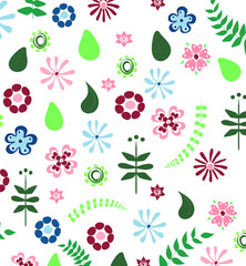Pattern of fairy flowers and leaves on a white background of different size 